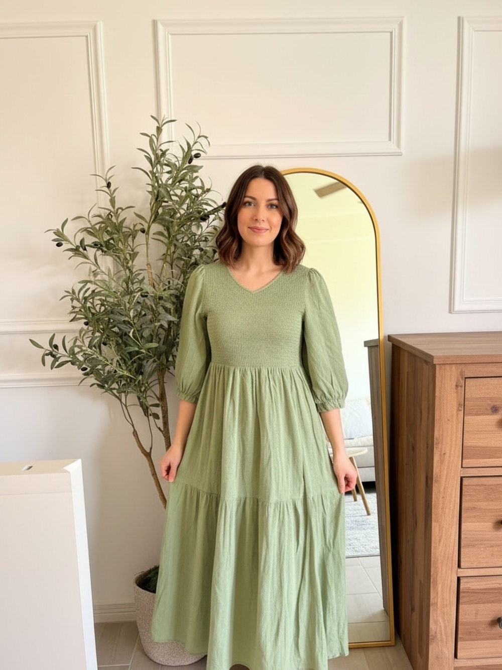 Inherit Dress| 100% cotton Women's Sage Green Smocked Midi Dress
